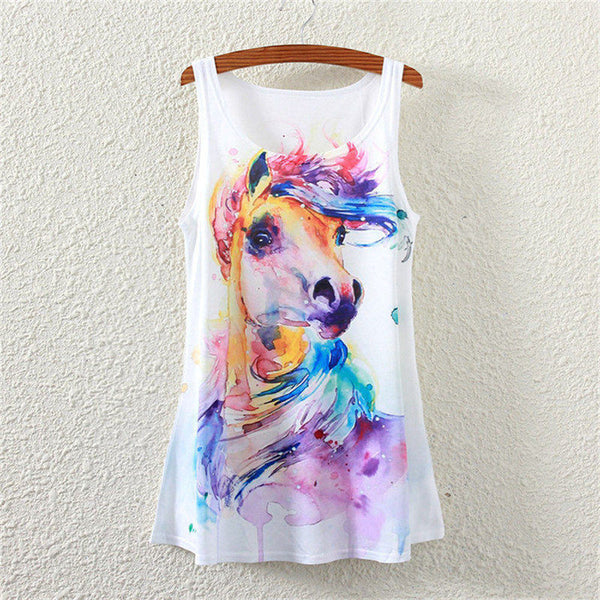 New 2016 Fashion Summer Women T-shirt Casual Tops Watercolor Horse Prints T-shirt Loose Women T Shirt Women's Clothing