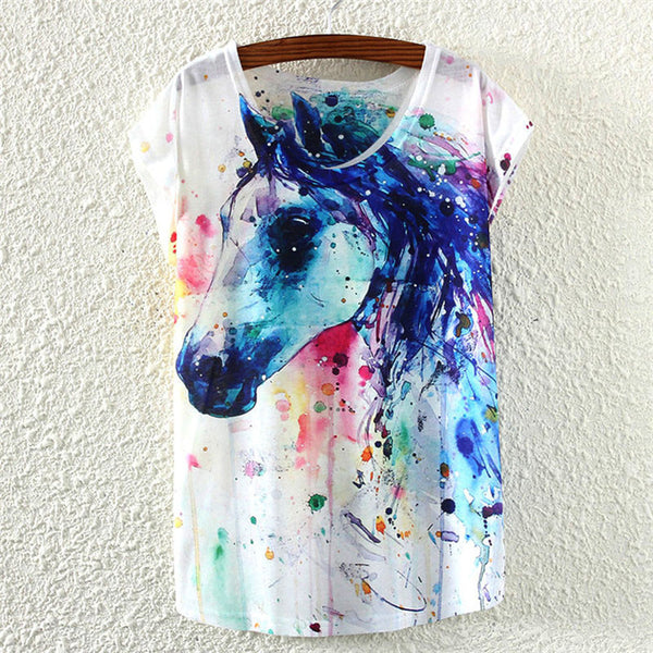 Summer Style Ink Painting Horse Pattern Print Women's T-Shirt